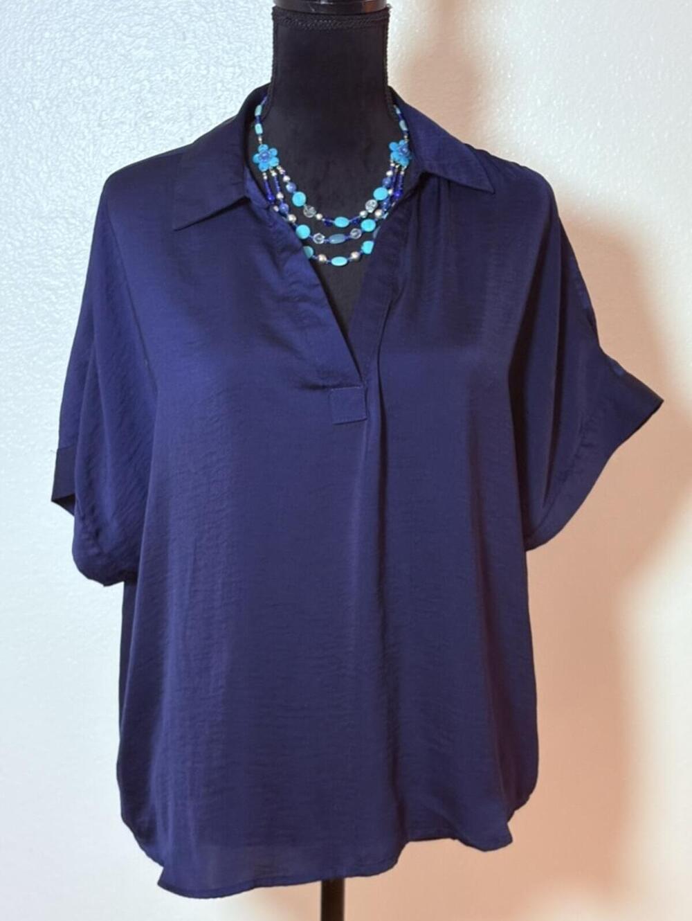 Single Thread Navy Blue Satin-Feel Blouse Women's Large